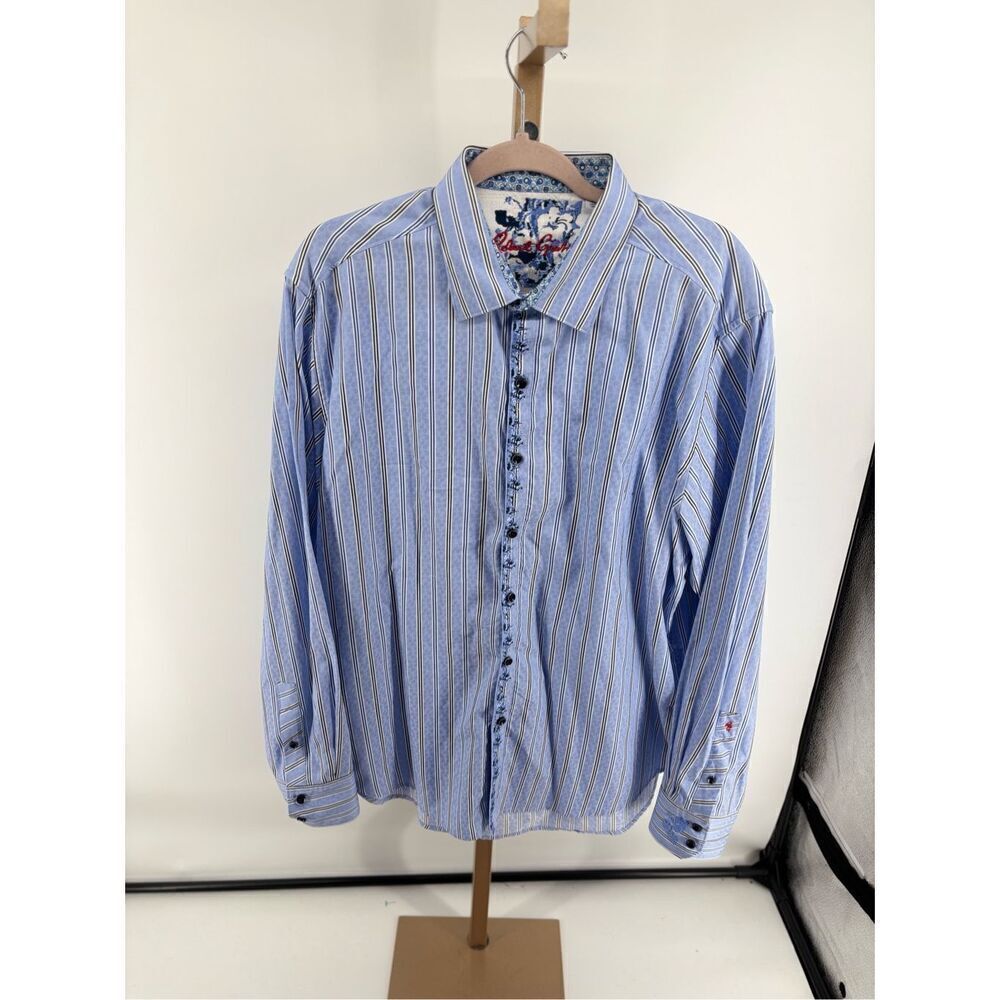Robert Graham Flip Cuff Striped Button Front Shirt Men's XL Blue
